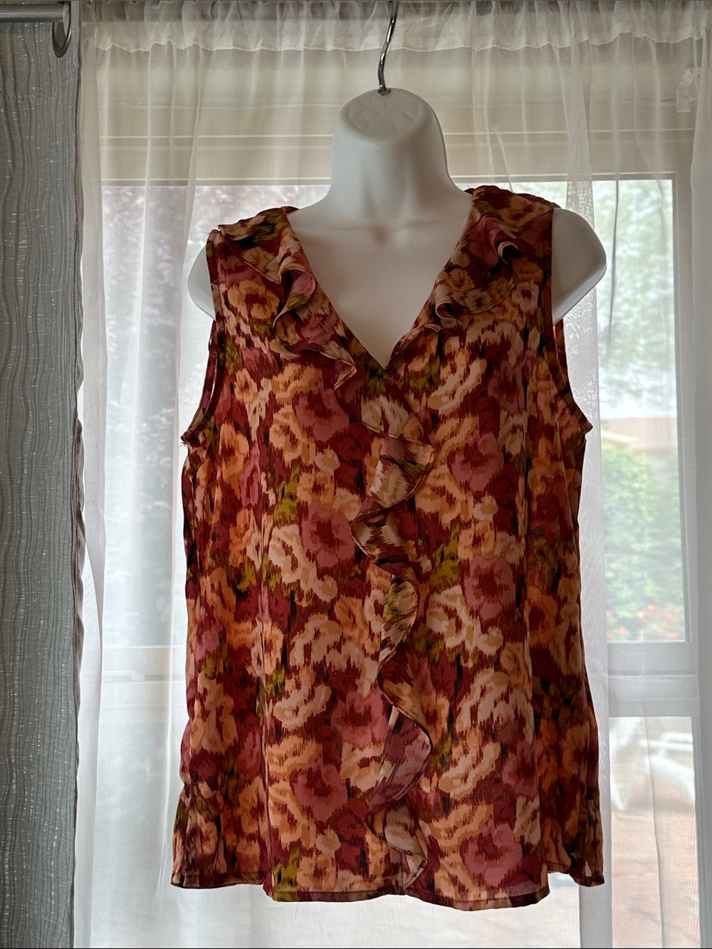 CeCe Rust and Olive Floral Ruffle V-Neck Camisole